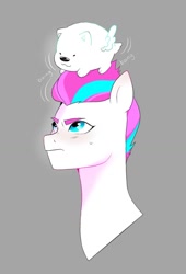 Size: 1001x1475 | Tagged: safe, artist:aztrial, cloudpuff, zipp storm, dog, flying pomeranian, pegasus, pomeranian, pony, g5, boing, bust, cute, dogs riding ponies, female, gray background, looking up, male, mare, onomatopoeia, simple background, winged dog