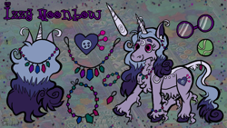 Size: 1920x1080 | Tagged: safe, artist:deidad dissitum, izzy moonbow, pony, unicorn, g5, my little pony: a new generation, ball, belly fluff, bracelet, character design, chest fluff, coat markings, collar, cutie mark, glasses, horn, izzy's tennis ball, jewelry, leonine tail, misspelling, redesign, reference sheet, smiling, solo, tags, tail, tennis ball, unshorn fetlocks