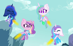 Size: 630x396 | Tagged: safe, artist:frostninja007, princess cadance, princess celestia, princess flurry heart, princess luna, alicorn, pony, g4, big ears, chibi, clothes, flying, jetpack, leotard, older, older flurry heart, sky