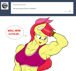 Size: 1280x1185 | Tagged: safe, artist:matchstickman, apple bloom, earth pony, anthro, tumblr:where the apple blossoms, abs, apple bloom's bow, apple brawn, armpits, biceps, bow, breasts, busty apple bloom, clothes, comic, deltoids, dialogue, female, fingerless gloves, gloves, hair bow, looking sideways, mare, matchstickman's apple brawn series, muscles, muscular female, older, older apple bloom, simple background, solo, speech bubble, talking to viewer, triceps, tumblr comic, white background