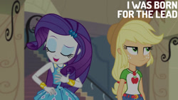 Size: 1280x720 | Tagged: safe, edit, edited screencap, editor:quoterific, screencap, applejack, rarity, human, equestria girls, fluttershy's butterflies, g4, my little pony equestria girls: better together, my little pony equestria girls: choose your own ending, applejack's hat, belt, bracelet, canterlot high, clothes, cowboy hat, cutie mark on clothes, denim, denim skirt, duo, duo female, eyes closed, female, geode of shielding, geode of super strength, hairpin, hat, jewelry, magical geodes, necklace, open mouth, open smile, rarity peplum dress, skirt, smiling, text