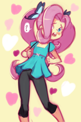 Size: 1020x1530 | Tagged: safe, artist:drantyno, fluttershy, human, equestria girls, g4, alternate hairstyle, blushing, female, heart, question mark, solo, speech bubble