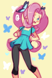 Size: 1020x1530 | Tagged: safe, alternate version, artist:drantyno, fluttershy, butterfly, human, equestria girls, g4, alternate hairstyle, blushing, female, question mark, solo, speech bubble