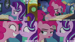 Size: 1280x720 | Tagged: safe, edit, edited screencap, editor:quoterific, screencap, pinkie pie, starlight glimmer, earth pony, pony, unicorn, g4, season 8, the maud couple, book, boop, duo, female, grin, mare, nose to nose, noseboop, open mouth, smiling, text