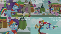 Size: 1280x720 | Tagged: safe, edit, edited screencap, editor:quoterific, screencap, discord, rainbow dash, draconequus, pegasus, pony, sheep, g4, my little pony best gift ever, beanie, bowtie, charlie brown, clothes, duo, duo male and female, female, flying, hat, male, mare, scarf, shirt, spread wings, tailcoat, text, top hat, wings