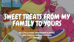 Size: 1280x720 | Tagged: safe, edit, editor:quoterific, idw, applejack, pinkie pie, winona, earth pony, pony, g4, my little pony: friends forever, spoiler:comic, boop, chef's hat, duo, female, food, hat, mare, nose to nose, noseboop, pie, smiling, text