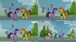 Size: 1280x720 | Tagged: safe, edit, edited screencap, editor:quoterific, screencap, angel wings, hyacinth dawn, loosey-goosey, mountain haze, rainbow dash, short fuse, sky stinger, spitfire, twilight sparkle, vapor trail, alicorn, pegasus, pony, g4, season 6, top bolt, blowing whistle, eyes closed, female, flying, male, mare, open mouth, open smile, smiling, spitfire's whistle, spread wings, stallion, text, twilight sparkle (alicorn), whistle, whistle necklace, wings