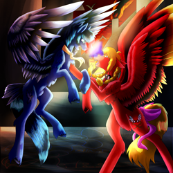 Size: 5800x5800 | Tagged: safe, artist:florarena-kitasatina/dragonborne fox, bird, crow, pony, bared teeth, bow, braid, chest fluff, colored wings, cravat, crossover, fight, floppy ears, flying, flying castle, glare, goggles, hair bow, marc (flying red barrel), multicolored wings, peat (flying red barrel), ponified, pushing, raised leg, rearing, redraw, sheath, signature, spread wings, sunset, tail, tail feathers, this will end in pain, town, unshorn fetlocks, watermark, window, wings