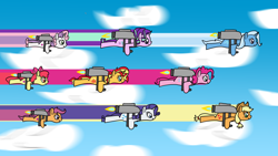 Size: 1920x1080 | Tagged: safe, artist:platinumdrop, apple bloom, applejack, pinkie pie, rarity, scootaloo, starlight glimmer, sunset shimmer, sweetie belle, trixie, g4, cutie mark crusaders, fast, flying, happy, jetpack, request, sky, sky background