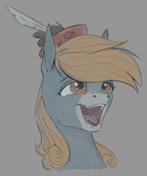 Size: 750x900 | Tagged: safe, artist:stray prey, oc, oc only, oc:pryeblue, earth pony, pony, bust, feather, hat, portrait, smiling, solo, teeth