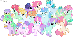 Size: 9746x5000 | Tagged: safe, artist:melisareb, oc, oc:celeste (kleptocorns), oc:gummy (kleptocorns), oc:kune (kleptocorns), oc:mana, oc:midori (kleptocorns), oc:ona (kleptocorns), oc:paku, oc:pipu, oc:pots (kleptocorns), oc:quark (kleptocorns), oc:stardust (kleptocorns), oc:sucre (kleptocorns), oc:tealight (kleptocorns), oc:toki (kleptocorns), oc:vaantu, pony, unicorn, .svg available, absurd resolution, bracelet, bread, colt, crossover, eyes closed, female, foal, food, gradient hooves, gradient horn, gradient mane, gradient tail, group, horn, jewelry, kleptocorns, looking up, male, mare, open mouth, potted plant, raised hoof, show accurate, simple background, sitting, stallion, tail, transparent background, unamused, vector