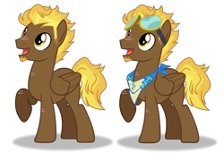Size: 2760x1892 | Tagged: safe, artist:spectrumnightyt, oc, oc only, oc:sunbursn dust, pegasus, pony, base used, folded wings, goggles, high res, magical lesbian spawn, male, offspring, open mouth, open smile, parent:derpy hooves, parent:spitfire, parents:derpfire, pegasus oc, raised hoof, shadow, simple background, smiling, solo, stallion, transparent background, wings