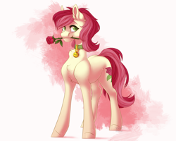 Size: 5000x4000 | Tagged: safe, artist:yaki, roseluck, earth pony, pony, g4, collar, commission, commissioner:doom9454, cute, flower, flower in mouth, pet tag, pony pet, rosabetes, rose, rose in mouth, rosepet, simple background, solo