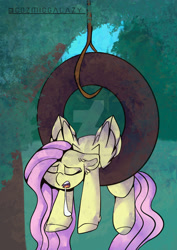 Size: 1280x1803 | Tagged: safe, artist:cozmicgalazy, fluttershy, pegasus, pony, g4, cute, deviantart watermark, drool, drool on face, drool string, obtrusive watermark, sleeping, snoring, swing, tire, tire swing, watermark