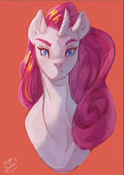 Size: 2894x4093 | Tagged: safe, artist:jaynsparkle, rarity, pony, unicorn, g4, bust, female, looking at you, mare, red background, simple background, solo