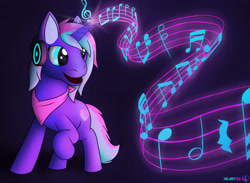 Size: 1280x936 | Tagged: safe, artist:passionpanther, oc, oc only, oc:heartbeat, pony, unicorn, headphones, magic, magic spell, magical, music, music notes, musical, solo