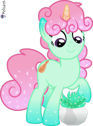 Size: 4000x5387 | Tagged: safe, artist:melisareb, part of a set, oc, oc:pots (kleptocorns), pony, unicorn, .svg available, absurd resolution, crossover, female, gradient hooves, gradient mane, gradient tail, kleptocorns, looking down, mare, plant, potted plant, raised hoof, simple background, solo, tail, transparent background, vector