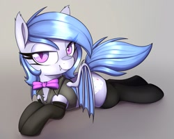 Size: 2500x2000 | Tagged: safe, artist:lockheart, oc, oc only, oc:lucky roll, bat pony, pony, bat pony oc, bedroom eyes, bowtie, clothes, cute, eye clipping through hair, female, gradient background, high res, looking at you, lying down, mare, prone, smiling, smiling at you, smug, socks, solo, sploot, stockings, thigh highs, vest