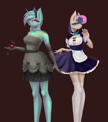 Size: 1600x1800 | Tagged: safe, alternate version, artist:anastas, bon bon, lyra heartstrings, sweetie drops, earth pony, unicorn, anthro, g4, blue eyes, clothes, commission, dress, duo, duo female, female, glass, golden eyes, maid, nudity, seductive look, seductive pose, stockings, thigh highs, wine glass
