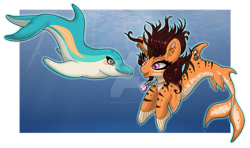 Size: 800x475 | Tagged: safe, artist:ellysiumdreams, oc, oc only, dolphin, merpony, seapony (g4), artfight, brown mane, bubble, deviantart watermark, digital art, dorsal fin, eyelashes, female, fins, fish tail, flowing mane, jewelry, looking at each other, looking at someone, mare, necklace, obtrusive watermark, ocean, open mouth, pink eyes, purple eyes, seashell necklace, smiling, solo, sunlight, tail, teeth, underwater, water, watermark