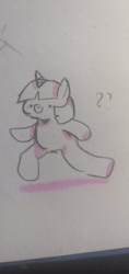 Size: 910x1920 | Tagged: safe, artist:grey___cat, twilight sparkle, unicorn, probably not salmon, semi-anthro, g4, arm hooves, female, horn, mare, question mark, smiling, solo, traditional art, unicorn twilight
