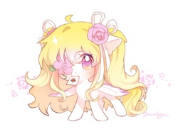 Size: 864x679 | Tagged: safe, artist:dreamsugar, oc, oc only, pegasus, pony, ace of spades, card, chibi, eye clipping through hair, female, floppy ears, flower, flower in hair, mare, mouth hold, playing card, rose, simple background, solo, spread wings, white background, wings