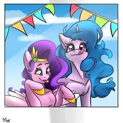 Size: 3000x3000 | Tagged: safe, artist:mekblue, izzy moonbow, pipp petals, pegasus, pony, unicorn, g5, maretime bay day 2.0, my little pony: tell your tale, spoiler:g5, spoiler:my little pony: tell your tale, spoiler:tyts01e11, :p, arms in the air, cute, derp, female, high res, mare, photo, scene interpretation, silly, silly pony, tongue out