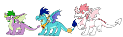 Size: 4470x1341 | Tagged: safe, artist:numbuh-27, fizzle, princess ember, spike, dragon, g4, dragon lord ember, dragoness, female, horn, horn ring, male, redesign, ring, royal, simple background, spread wings, white background, wings