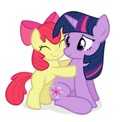 Size: 2000x2000 | Tagged: safe, artist:candy meow, apple bloom, twilight sparkle, earth pony, pony, unicorn, g4, duo, duo female, eyes closed, female, filly, foal, high res, hug, mare, simple background, smiling, transparent background, unicorn twilight, vector