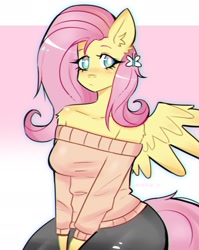 Size: 1500x1888 | Tagged: safe, artist:puffyrin, fluttershy, pegasus, anthro, g4, adorasexy, bare shoulders, blushing, breasts, busty fluttershy, chromatic aberration, clothes, cute, ear fluff, female, hairclip, looking at you, sexy, shyabetes, sitting, solo, spread wings, sweater, sweatershy, white pupils, wings