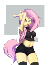 Size: 2768x3560 | Tagged: safe, artist:wyvernthedragon, fluttershy, pegasus, anthro, g4, :p, abstract background, arm behind head, belly button, breasts, busty fluttershy, clothes, ear piercing, female, high res, looking at you, piercing, shorts, simple background, socks, solo, standing, thigh highs, tongue out