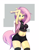 Size: 2768x3560 | Tagged: safe, artist:wyvernthedragon, fluttershy, pegasus, anthro, g4, :p, abstract background, arm behind head, belly button, breasts, busty fluttershy, clothes, ear piercing, female, high res, looking at you, piercing, shorts, simple background, socks, solo, standing, thigh highs, tongue out