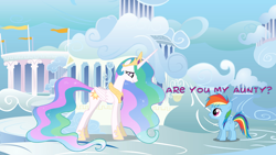 Size: 5760x3240 | Tagged: safe, artist:wissle, artist:zvn, princess celestia, rainbow dash, alicorn, pegasus, pony, g4, absurd resolution, atg 2022, cloud, cloudiseum, cloudsdale, crown, cute, duo, duo female, female, filly, filly rainbow dash, foal, jewelry, lidded eyes, looking at each other, looking at someone, mare, meeting, newbie artist training grounds, regalia, show accurate, smiling, smirk, text, vector, younger