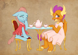Size: 1280x906 | Tagged: safe, artist:haruh_ink, ocellus, smolder, changedling, changeling, dragon, g4, blushing, clothes, cup, cute, diaocelles, dragoness, dress, duo, female, food, missing horn, pink dress, princess smolder, puffy sleeves, smolderbetes, tea, tea party, teacup, teapot