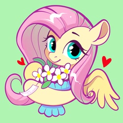 Size: 2048x2048 | Tagged: safe, artist:paipaishuaige, fluttershy, pegasus, pony, g4, bust, cute, daaaaaaaaaaaw, female, flower, green background, heart, high res, looking at you, mare, shyabetes, simple background, smiling, smiling at you, solo, wings