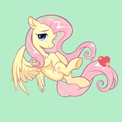 Size: 1024x1024 | Tagged: safe, artist:paipaishuaige, fluttershy, pegasus, pony, g4, chest fluff, cute, daaaaaaaaaaaw, female, green background, heart, looking at you, mare, profile, shyabetes, simple background, solo, underhoof, wings