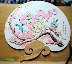 Size: 2048x1824 | Tagged: safe, artist:paipaishuaige, fluttershy, bird, pegasus, pony, g4, cherry blossoms, chinese, female, flower, flower blossom, flower in hair, looking at you, mare, profile, simple background, traditional art, tree branch, underhoof, white background, wings