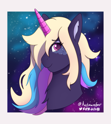 Size: 1747x1961 | Tagged: safe, artist:autumnsfur, oc, oc only, oc:galactic love, pony, unicorn, blue mane, bust, digital art, female, long hair, looking away, mare, markings, multicolored hair, purple coat, purple mane, signature, simple background, space