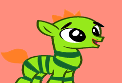 Size: 1102x748 | Tagged: safe, artist:disneyponyfan, artist:nocturnal-moonlight, earth pony, monster pony, pony, g4, base used, brobee, colt, foal, male, monster, ms paint, ponified, red background, simple background, smiling, solo, standing, stripes, yo gabba gabba!