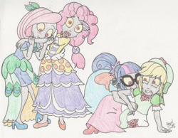 Size: 1400x1085 | Tagged: safe, artist:bageloftime, applejack, fluttershy, pinkie pie, sci-twi, twilight sparkle, human, undead, zombie, equestria girls, g4, clothes, dress, female, gala dress, gown, infected, long dress, long skirt, skirt, traditional art