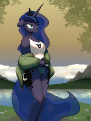 Size: 3000x4000 | Tagged: safe, artist:naen, princess luna, alicorn, anthro, plantigrade anthro, g4, absurd file size, both cutie marks, clothes, female, floppy ears, happy, jacket, jewelry, mare, mountain, necklace, off shoulder, panties, scenery, shirt, smiling, solo, t-shirt, underwear, wingless, wingless anthro