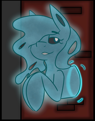 Size: 1609x2048 | Tagged: safe, artist:askhypnoswirl, oc, oc only, earth pony, ghost, ghost pony, pony, undead, black sclera, brick wall, eyebrows, eyebrows visible through hair, female, floating, hair over one eye, lidded eyes, mare, smiling, smug, solo, through wall