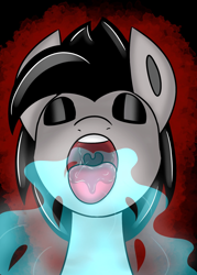 Size: 1209x1689 | Tagged: safe, artist:askhypnoswirl, oc, oc only, oc:paulpeoples, earth pony, pony, black background, bust, drool, eyes closed, eyeshadow, front view, makeup, male, offscreen character, open mouth, pov, simple background, solo, soul vore, stallion, vore