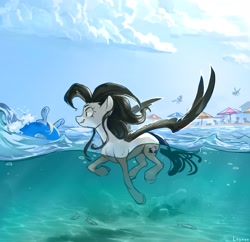 Size: 4096x3963 | Tagged: safe, artist:laymy, fish, pegasus, pony, absurd resolution, beach, beach umbrella, female, inner tube, mare, solo focus, swimming, umbrella, water