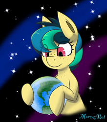 Size: 1792x2048 | Tagged: safe, artist:askhypnoswirl, oc, oc only, oc:apogee, pegasus, pony, bigger than a planet, continent, eye clipping through hair, eyebrows, eyebrows visible through hair, female, filly, foal, freckles, holding, macro, planet, signature, solo, space, stars, tangible heavenly object, wingless