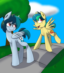 Size: 1792x2048 | Tagged: safe, artist:askhypnoswirl, oc, oc only, oc:apogee, oc:delta vee, pegasus, pony, cloud, duo, excited, eye clipping through hair, eyebrows, eyebrows visible through hair, female, filly, foal, folded wings, freckles, glasses, mare, mother and child, mother and daughter, open mouth, sidewalk, smiling, spread wings, tree, walking, wings