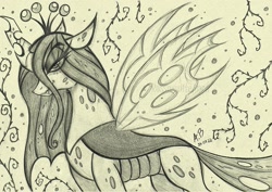 Size: 2284x1617 | Tagged: safe, artist:rossmaniteanzu, queen chrysalis, changeling, g4, monochrome, pencil drawing, solo, traditional art