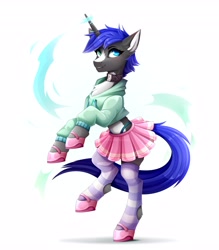 Size: 3584x4096 | Tagged: safe, artist:buvanybu, oc, oc only, oc:delta-ket, pony, unicorn, clothes, collar, commission, heterochromia, high res, hoodie, horn, shoes, simple background, skirt, smiling, socks, solo, striped socks, thigh highs, unicorn oc, white background