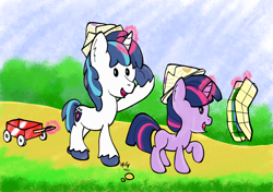 Size: 1700x1200 | Tagged: safe, artist:ebbysharp, shining armor, twilight sparkle, pony, unicorn, atg 2022, beady eyes, blank flank, brother and sister, colt, colt shining armor, cute, duo, duo male and female, female, filly, filly twilight sparkle, hat, magic, male, map, newbie artist training grounds, paper hat, shining adorable, siblings, twiabetes, unicorn twilight, unshorn fetlocks, wagon, younger