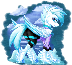 Size: 1203x1082 | Tagged: safe, artist:thatonegib, oc, oc only, oc:frostbite, hippogriff, pony, butt, cheek fluff, clothes, cloud, ear piercing, hooves, looking at you, pants, paws, piercing, plot, simple background, solo, transparent background, unshorn fetlocks, wings